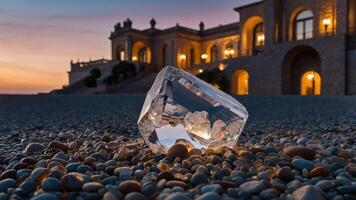 Crystal Resting on Pebbles Near Building at Dusk Reflecting Sky photo