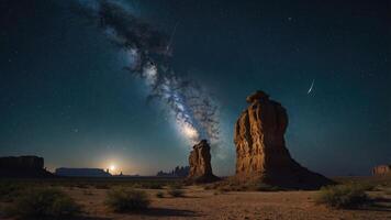 Milky Way Galaxy Over Desert Rock Formations with Shooting Stars photo