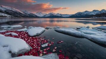 Rose Petals Floating in Mountain Lake with Snowy Peaks at Dusk photo
