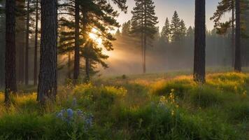 Sun Rays Shining Through Forest Trees with Flowers and Fog photo