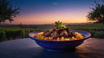 Serving Beef Stew with Couscous at Sunset Overlooking a Vineyard photo