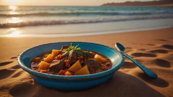 Delicious Stew Served on Sandy Beach with Ocean View at Sunset photo