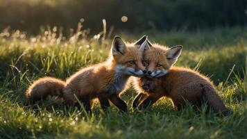 Fox Cubs Playfully Interact in Meadow at Sunset with Glowing Light photo