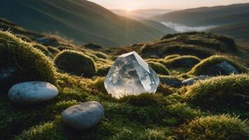 Crystal on Mossy Hillside with Rising Sun and Mountain View photo