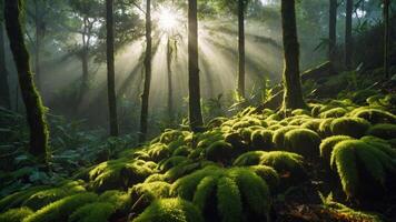 Sun Rays Shining Through Trees in a Lush Green Forest Scene photo