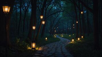Walking Stone Path Lined with Glowing Lanterns Through Dark Forest photo