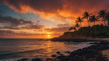 Sunset Beach with Palm Trees and Ocean Waves in Tropical Paradise photo
