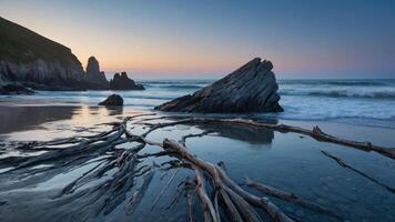 Coastal Evening Scene at Beach with Rock Formation and Driftwood photo