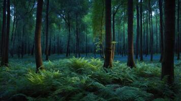 Walking Through a Dense Forest with Lush Green Ferns and Trees photo