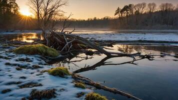 Winter River Landscape with Fallen Tree Limbs and Sunrise photo