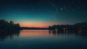 Lake Reflecting Starry Night Sky with Peaceful Water and Trees photo