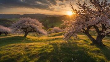 Flowering Tree Blossoms at Golden Sunset Over Rolling Hills photo
