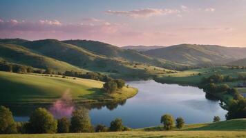 Lake View with Green Hills and Clouds at Sunset photo