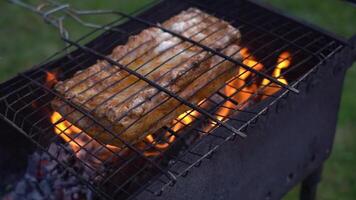 Covering a piece of meat with a grill Roasting meat on the grill video