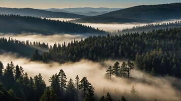 Mist Shrouded Forest Valley Landscape with Rolling Hills and Trees photo