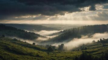 Fog Rolling Through Green Hills with Sunlight Breaking Through Clouds photo