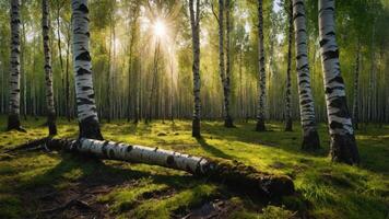 Walking in Serene Birch Tree Forest with Sunlight Shining Through Trees photo