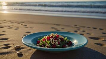Serving Salad on Beach Featuring Cranberries and Nuts Near Ocean photo