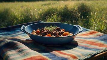Hearty Beef Stew with Root Vegetables Served Outdoors on Colorful Blanket photo