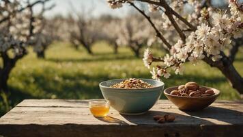 Enjoying Breakfast Outdoors Fresh Bowl of Granola with Almonds and Honey photo