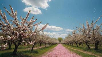 Blossom Tree Orchard with Petal Covered Path Under a Blue Sky photo