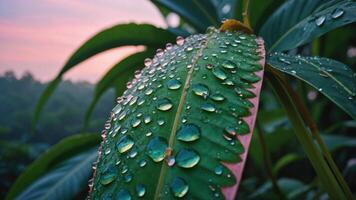 Leaf with Water Droplets Shimmers in the Soft Light of Dawn photo