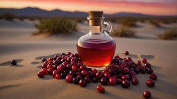 Decanter and Cranberries on Desert Sand with Sunset Sky Background photo