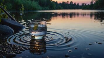 Sparkling Water Glass with Lime Creates Ripples in Tranquil River photo