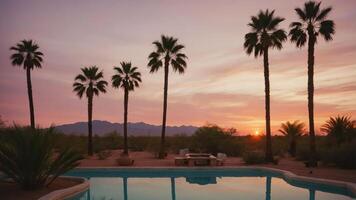 Swimming Pool Surrounded by Palm Trees During Desert Sunset photo