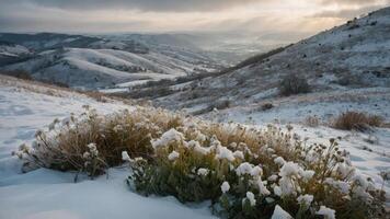 Snow Covered Hills and Mountain Valley View in Winter Scenery photo