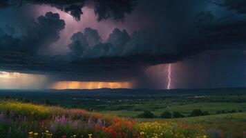 Dramatic Lightning Strikes Over Field of Flowers During Heavy Rainfall photo