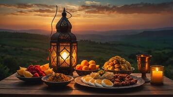 Festive Table Setting with Fruits and Lantern at Sunset Landscape photo