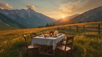 Dining Table Set in Mountain Meadow at Sunset with Scenic View photo