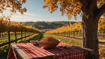 Bowl of Sea Buckthorn Berries on Table in Vineyard Setting photo