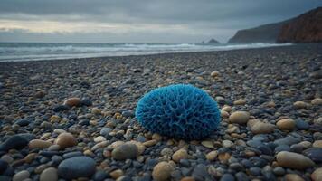 Blue Organic Object on Pebble Beach Overlooking Ocean and Cloudy Sky photo