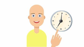 The man points at his watch. Time, cartoon animation, with alpha channel video