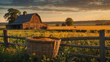 Basket of Grain in a Rustic Farm Landscape at Sunset photo
