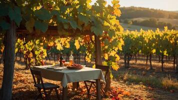 Vineyard Table Setting Wine and Grapes in Golden Autumn Light photo