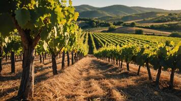 Walking Through Vineyard Rows on a Sunny Day with Distant Hills photo