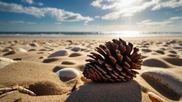 Pinecone on Beach Sand with Seashells and Ocean Horizon View photo