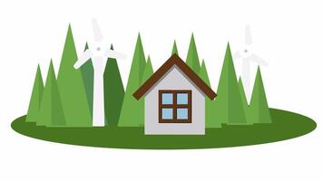 Landscape of a house with a windmill. Wind power generation, cartoon animation, with alpha channel video