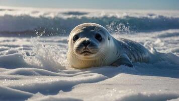 Baby Seal Pup Resting on Snowy Shoreline with Gentle Waves photo