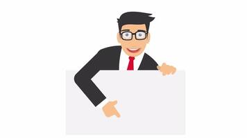 A businessman pointing at a banner, cartoon animation, with an alpha channel video