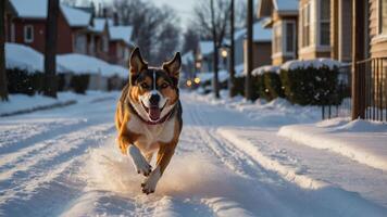 Dog Running Down Snow Covered Street on a Winter Day photo