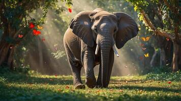 Elephant Walking Through Forest with Butterflies and Sun Rays photo