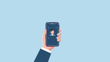 Animation Face Recognition in Action,Businessman Hand Holding Phone Mockup Demonstrating Seamless Face ID Scanning To Unlock and Advanced Security video
