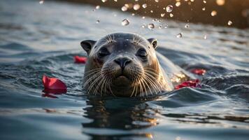 Seal Swimming in Water with Scattered Red Petals Close Up View photo