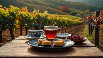 Tea and Cakes on Wooden Table with Vineyard Landscape Backdrop photo