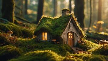 Small Cottage in Forest with Glowing Windows and Mossy Roof photo