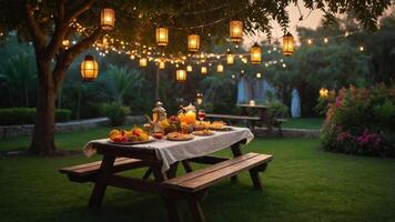 Picnic Table Setting with Glowing String Lights in Lush Garden photo